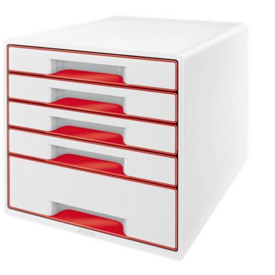 Cabinet cu sertare, 5 sertare, PS, reciclabil, A4, cu tavita organizare, alb-rosu