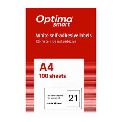 Etichete albe autoadezive 21/A4, 63.5 x 38.1 mm, 100 coli/top, Optima Smart - colturi rotunjite