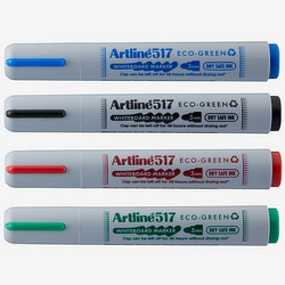 Marker pentru tabla de scris 517 Eco Green - Dry safe ink 48h, varf rotund 3.0mm, 4 cul/set